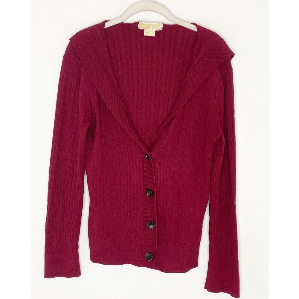 Michael Kors Cable Knit red hooded Button Cardigan Sweater size large - Picture 2 of 7